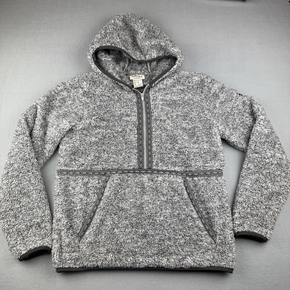 Ariat REAL Sherpa Fleece Hoodie Pullover Gray Aztec Trim Cozy Women's M